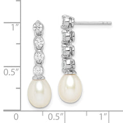 Sterling Silver Rhodium-plated 7-8mm White Rice Freshwater Cultured Pearl and CZ Post Dangle Earrings - 2