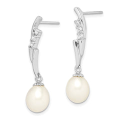 Sterling Silver Rhodium-plated 7-8mm White Rice Freshwater Cultured Pearl and CZ Post Dangle Earrings - 4