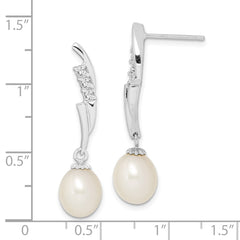 Sterling Silver Rhodium-plated 7-8mm White Rice Freshwater Cultured Pearl and CZ Post Dangle Earrings - 4
