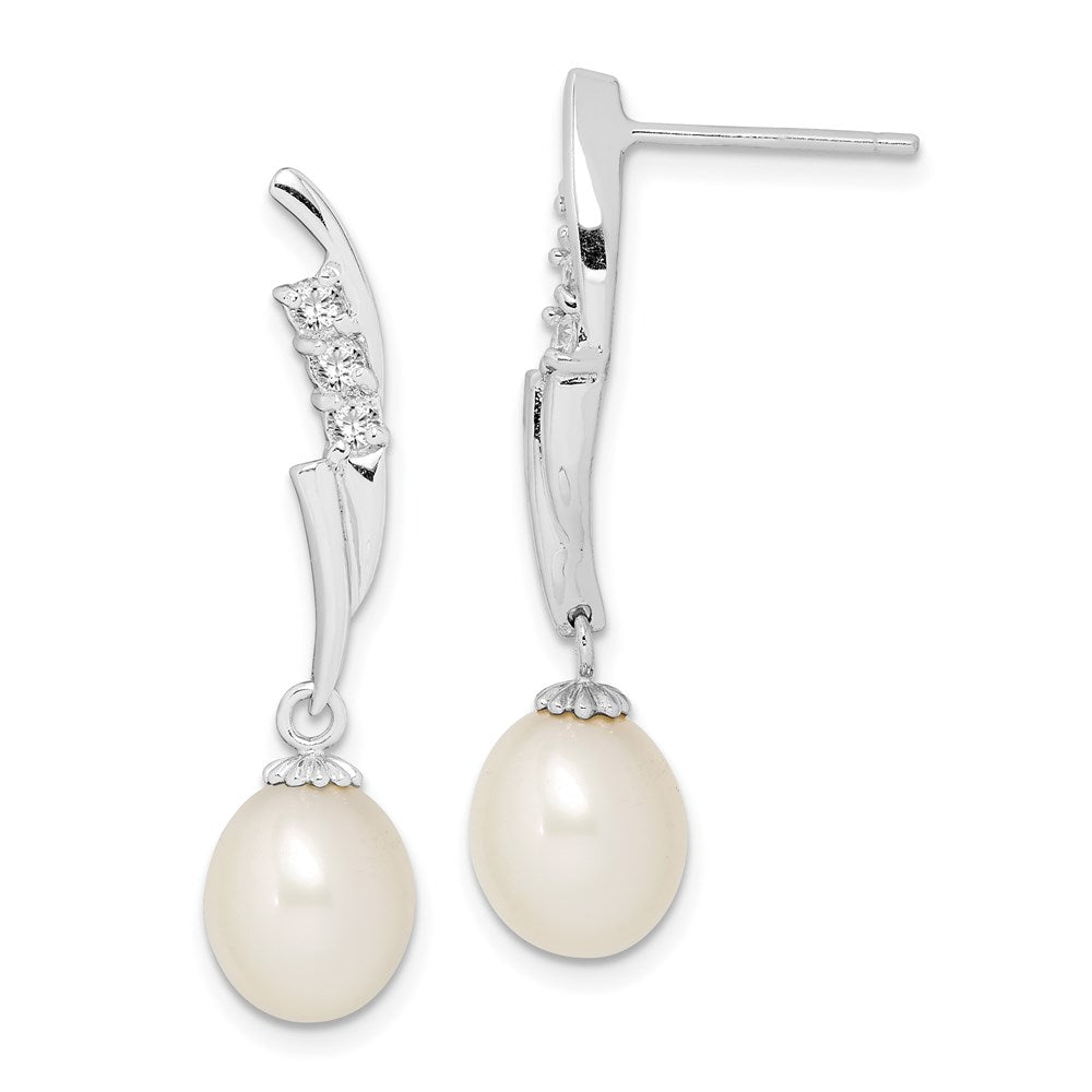 Sterling Silver Rhodium-plated 7-8mm White Rice Freshwater Cultured Pearl and CZ Post Dangle Earrings - 4