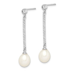 Sterling Silver Rhodium-plated 8-9mm White Rice Freshwater Cultured Pearl and CZ Post Dangle Earrings - 4