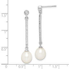 Sterling Silver Rhodium-plated 8-9mm White Rice Freshwater Cultured Pearl and CZ Post Dangle Earrings - 4