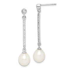 Sterling Silver Rhodium-plated 8-9mm White Rice Freshwater Cultured Pearl and CZ Post Dangle Earrings - 4