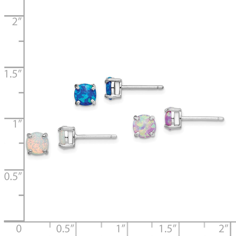 Sterling Silver Rhodium-plated Polished Pink, White & Blue Round 6mm Created Opal 3 Pair Set of Stud Earrings