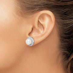 Sterling Silver Rhodium-plated 8-9mm White Button Freshwater Cultured Pearl and CZ Post Earrings