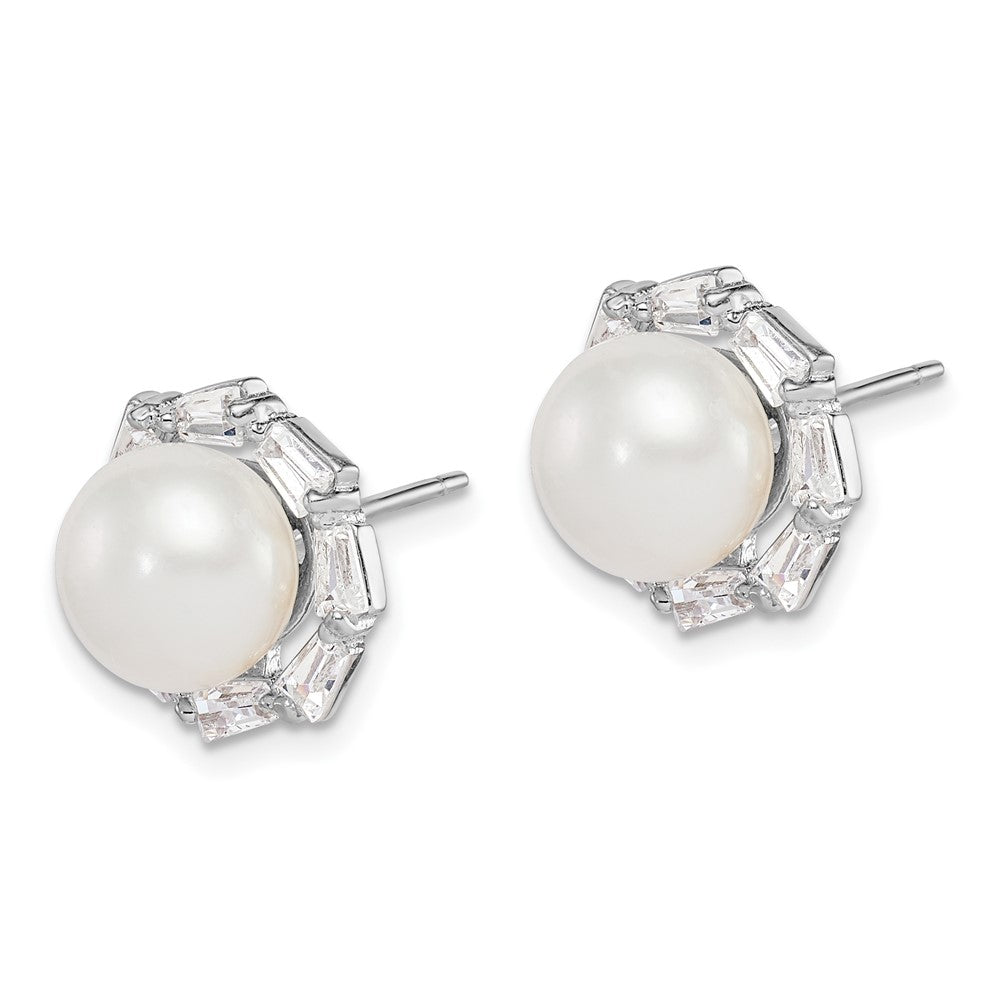 Sterling Silver Rhodium-plated 8-9mm White Button Freshwater Cultured Pearl and CZ Post Earrings - 2