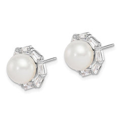 Sterling Silver Rhodium-plated 8-9mm White Button Freshwater Cultured Pearl and CZ Post Earrings - 2