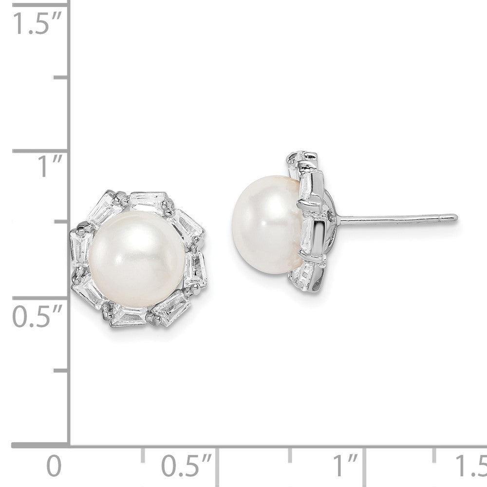 Sterling Silver Rhodium-plated 8-9mm White Button Freshwater Cultured Pearl and CZ Post Earrings - 2