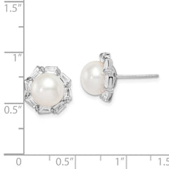 Sterling Silver Rhodium-plated 8-9mm White Button Freshwater Cultured Pearl and CZ Post Earrings - 2