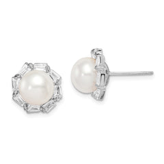 Sterling Silver Rhodium-plated 8-9mm White Button Freshwater Cultured Pearl and CZ Post Earrings - 2