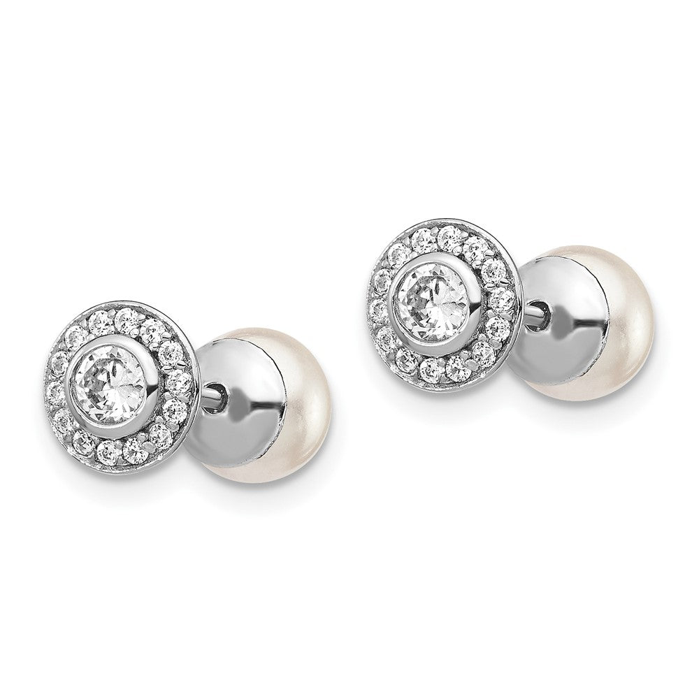 Sterling Silver Rhodium-plated Polished White 5-6mm Mother of Pearl & CZ Halo Reversible Post Earrings