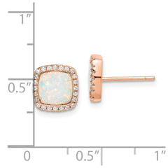 Sterling Silver Rose-Tone Created Opal & CZ Square Halo Post Earrings