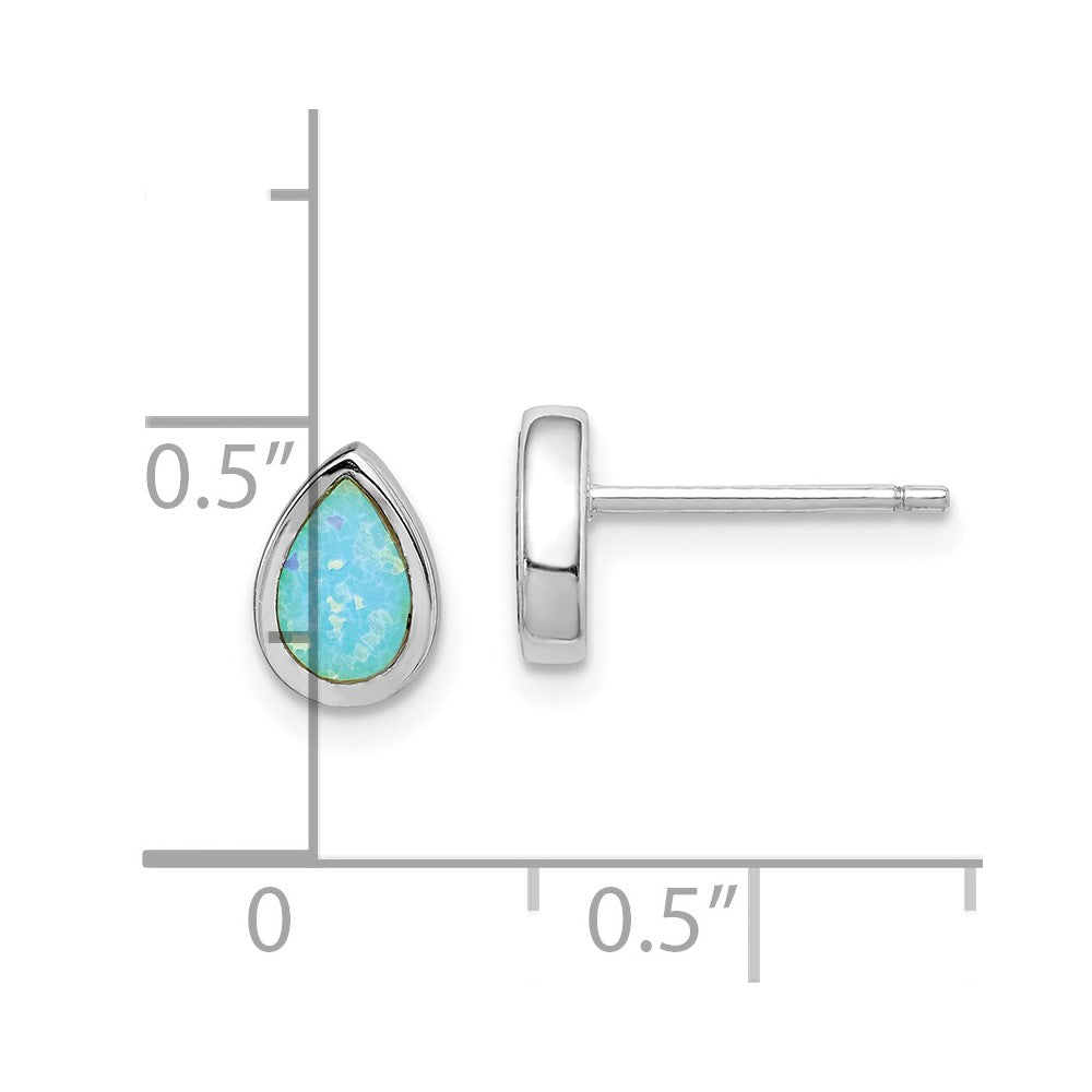 Sterling Silver RH-pltd Polished Blue Created Opal Teardrop Stud Earrings