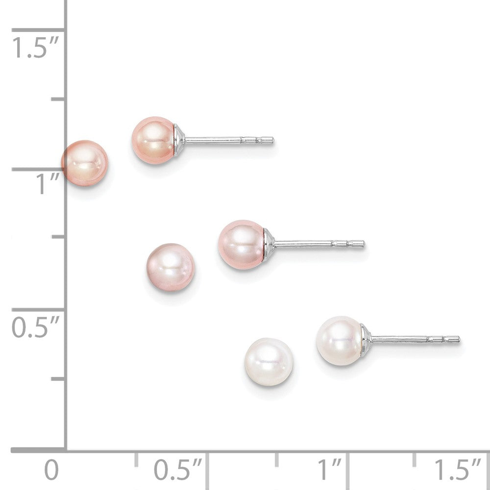 Sterling Silver Madi K Rhodium-plated 4-5mm White, Pink and Purple Round Freshwater Cultured Pearl Set of 3 Earrings