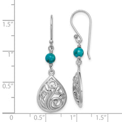 Sterling Silver Rhodium-plated Polished Filigree CZ & Reconstituted Turquoise Teardrop Dangle Earrings