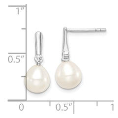 Sterling Silver Rhodium-plated 7-8mm White Rice Freshwater Cultured Pearl and CZ Post Dangle Earrings