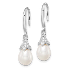Sterling Silver Rhodium-plated 7-8mm White Teardrop Freshwater Cultured Pearl and CZ Dangle Earrings - 6