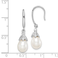 Sterling Silver Rhodium-plated 7-8mm White Teardrop Freshwater Cultured Pearl and CZ Dangle Earrings - 6