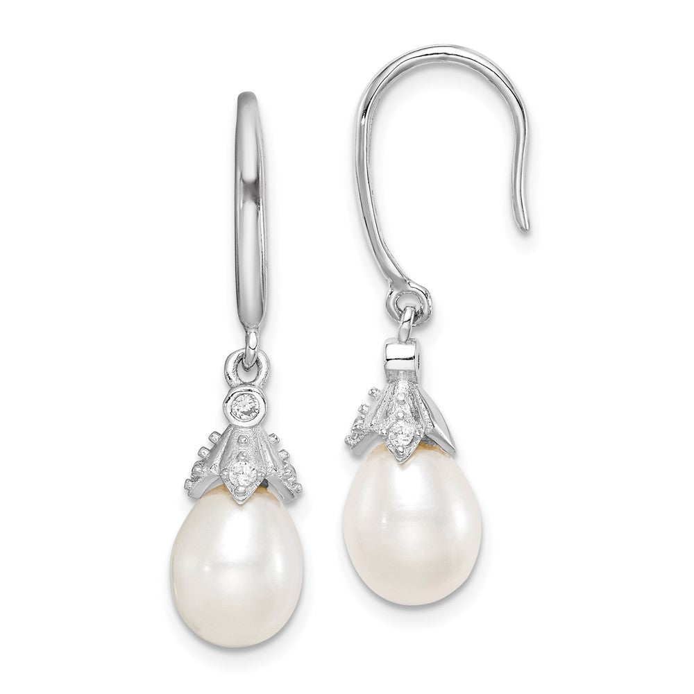 Sterling Silver Rhodium-plated 7-8mm White Teardrop Freshwater Cultured Pearl and CZ Dangle Earrings - 6