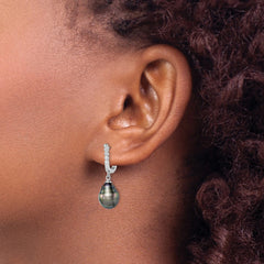 Sterling Silver Rhodium-plated 9-10mm Black Teardrop Tahitian Saltwater Cultured Pearl and CZ Dangle Earrings