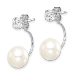 Sterling Silver Rhodium-plated 9-10mm White Button Freshwater Cultured Pearl and CZ Front and Back Post Dangle Earrings