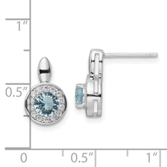 Sterling Silver Rhodium-plated CZ Light Blue Glass Stone Dangle Post Earrin