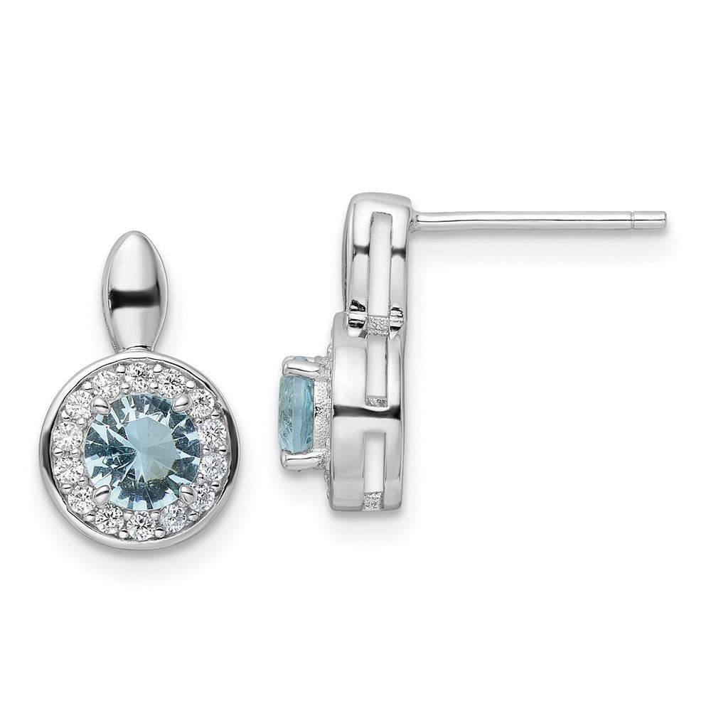 Sterling Silver Rhodium-plated CZ Light Blue Glass Stone Dangle Post Earrin