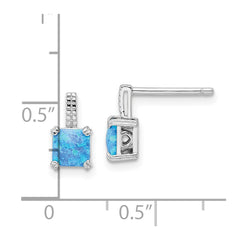 Sterling Silver Rhodium-plated Square Blue Created Opal Post Earrings