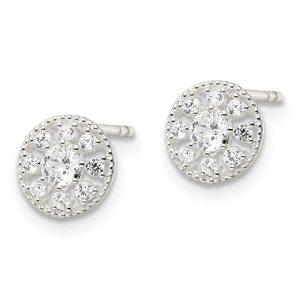 Sterling Silver Polished & Textured CZ Circle Post Earrings