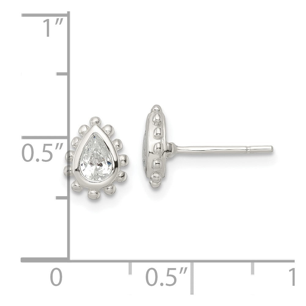 Sterling Silver Polished & Beaded Edge Pear CZ Post Earrings