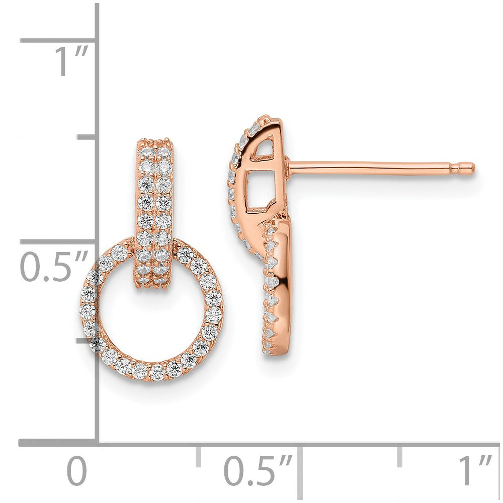 Sterling Silver Rose-tone Polished CZ Circle Post Dangle Earrings