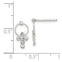 Sterling Silver Polished CZ Cross Circle Post Dangle Earrings