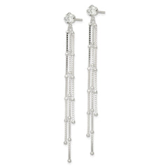 Sterling Silver Polished CZ & Beaded Chain Post Dangle Earrings