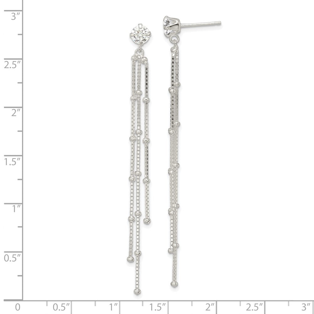 Sterling Silver Polished CZ & Beaded Chain Post Dangle Earrings