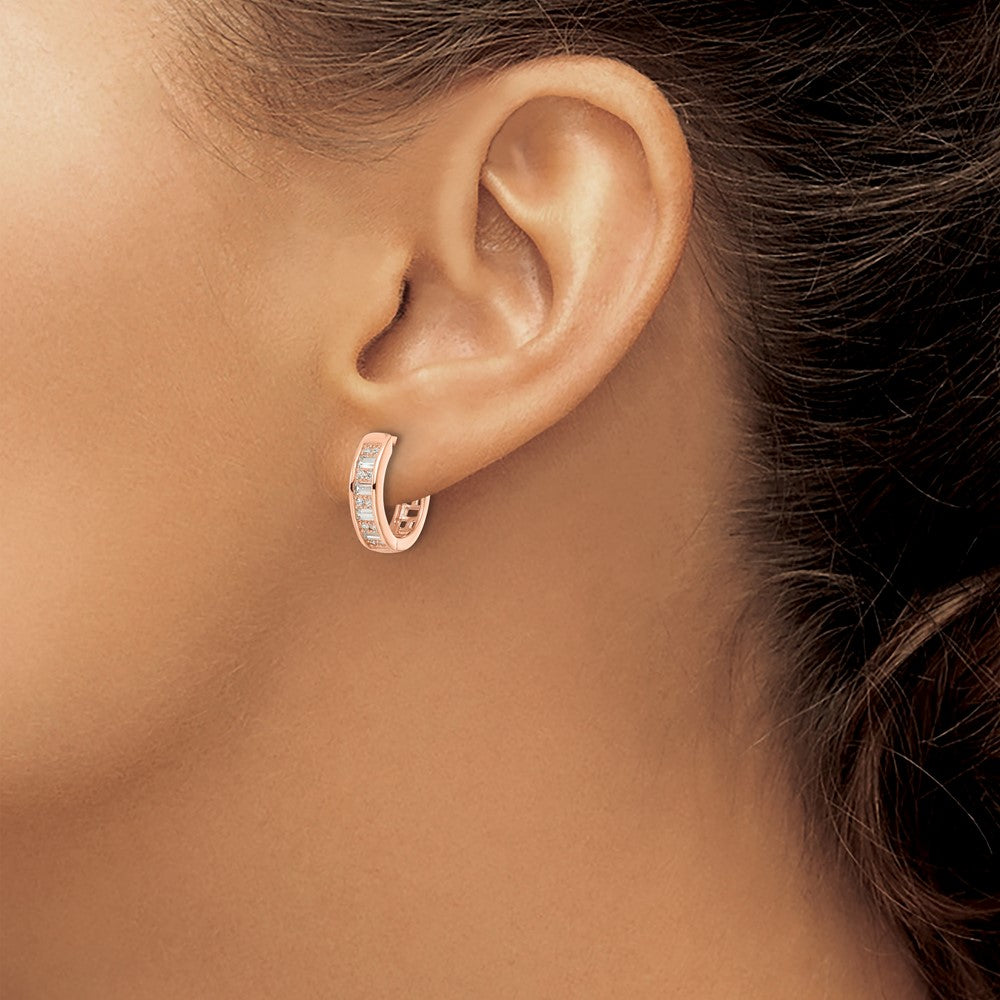 Sterling Silver Polished Rose-tone CZ Hinged Hoop Earrings - 2