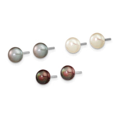 Sterling Silver Rhodium-plated 6-7mm Black, white and Grey Button Freshwater Cultured Pearl Set of 3 Post Earrings