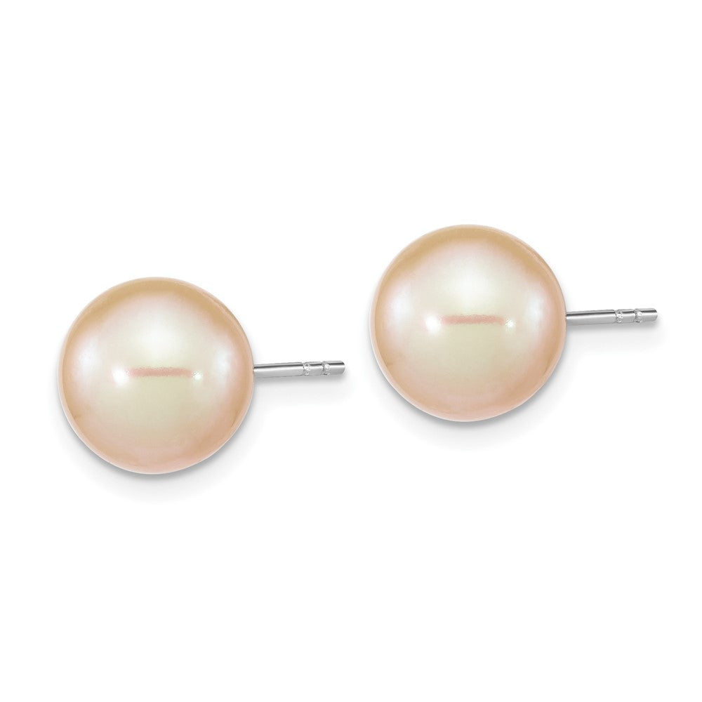Sterling Silver Rhodium-plated 9-10mm Pink Round Freshwater Cultured Pearl Post Earrings