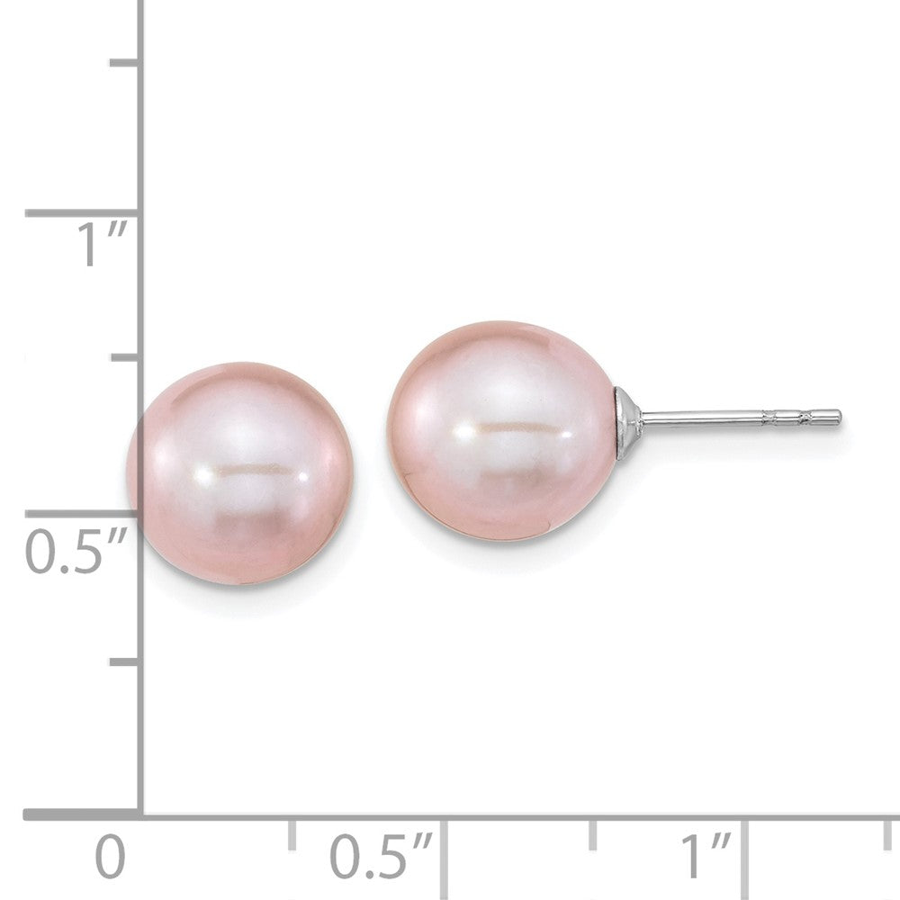 Sterling Silver Rhodium-plated 9-10mm Purple Round Freshwater Cultured Pearl Post Earring