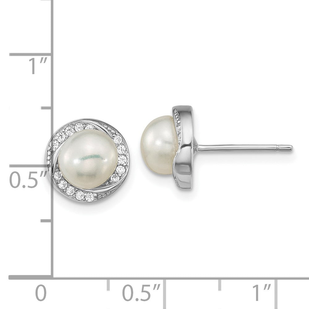 Sterling Silver Rhodium-plated 6-7mm White Button Freshwater Cultured Pearl and CZ Post Earrings - 4
