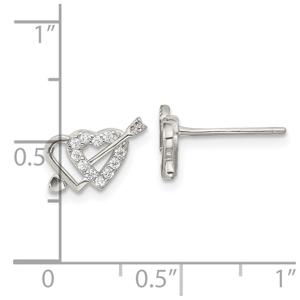 Sterling Silver Rhodium-plated CZ Double Heart and Arrow Post Earrings