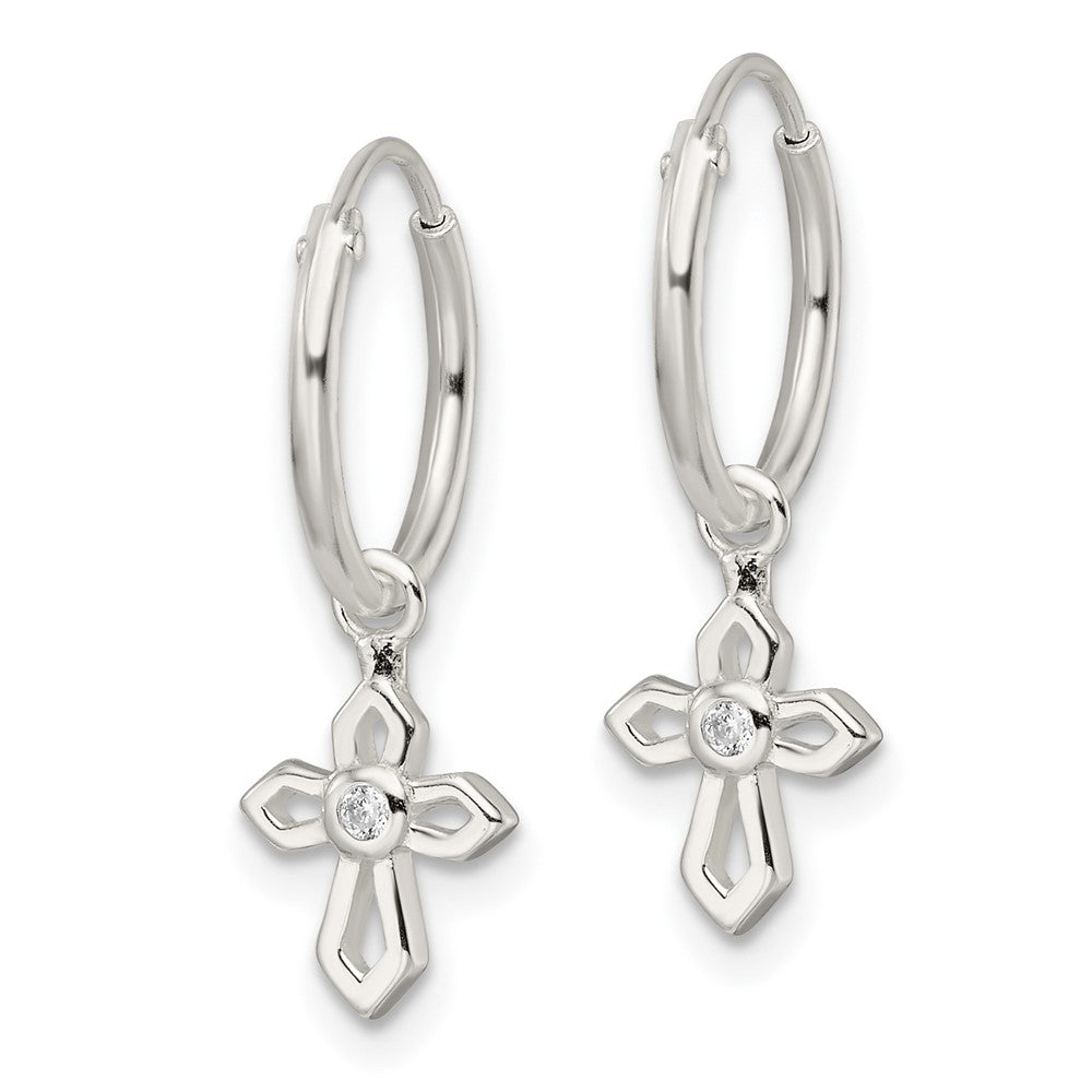 Sterling Silver Polished CZ Passion Cross Dangle Endless Hoop Earrings
