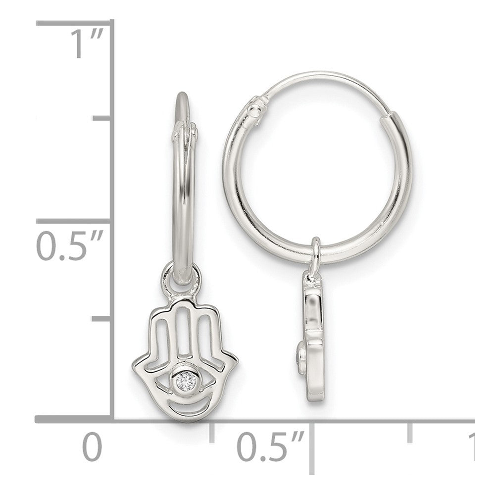 Sterling Silver Polished CZ Hamsa Dangle Endless Round Hoop Earrings
