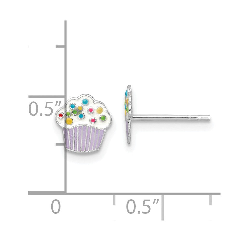 Sterling Silver Rhodium-plated Polished Multi-color Enameled Cupcake Children's Post Earrings