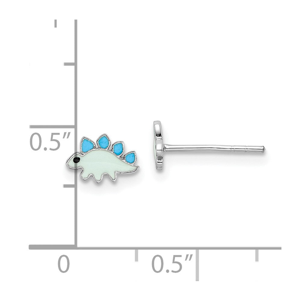 Sterling Silver Rhodium-plated Polished & Blue/Black Enameled Dinosaur Children's Post Earrings