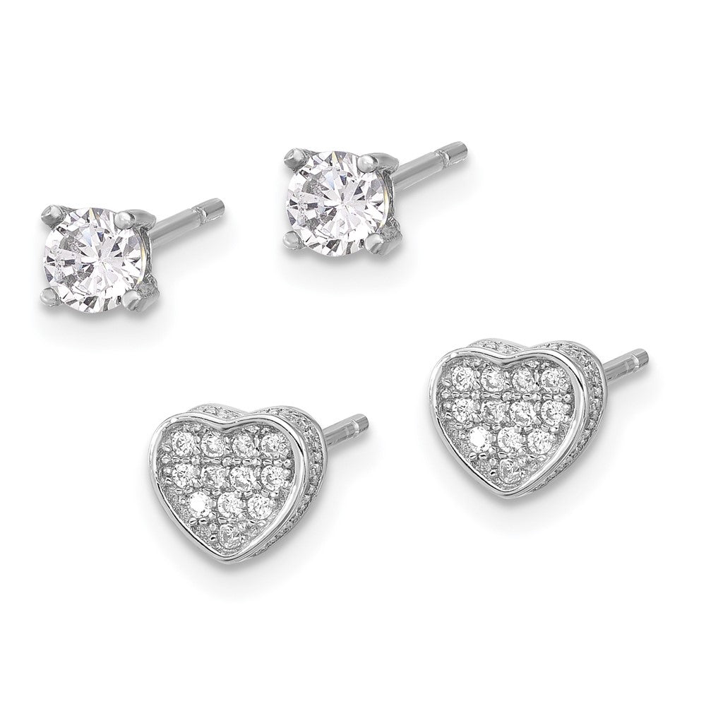 Sterling Silver RH-plated Pavâ CZ Heart/4mm CZ Stud Post Earrings Set