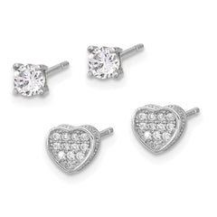 Sterling Silver RH-plated Pavâ CZ Heart/4mm CZ Stud Post Earrings Set