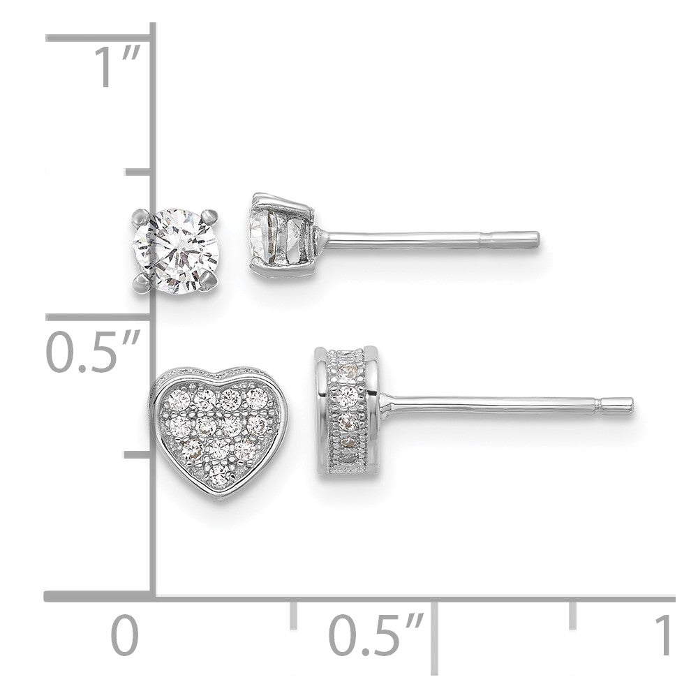 Sterling Silver RH-plated Pavâ CZ Heart/4mm CZ Stud Post Earrings Set