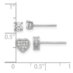 Sterling Silver RH-plated Pavâ CZ Heart/4mm CZ Stud Post Earrings Set