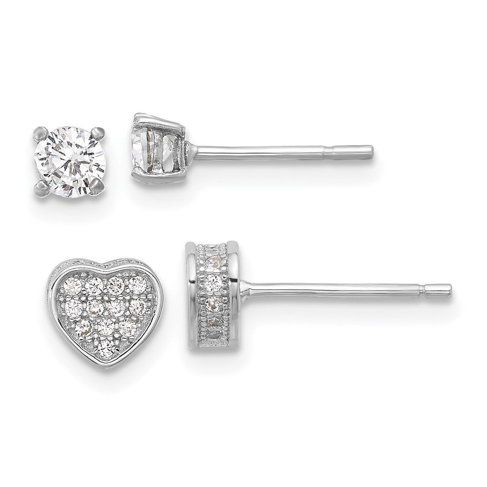 Sterling Silver RH-plated Pavâ CZ Heart/4mm CZ Stud Post Earrings Set