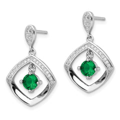 Sterling Silver RH-pltd Green Glass and Clear CZ Fancy Square Post Earrings
